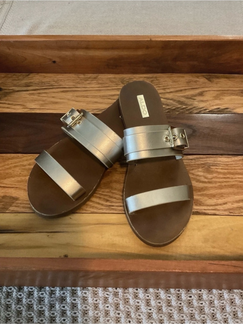 Aldo Metallic Silver Two-Strap Slide Sandals